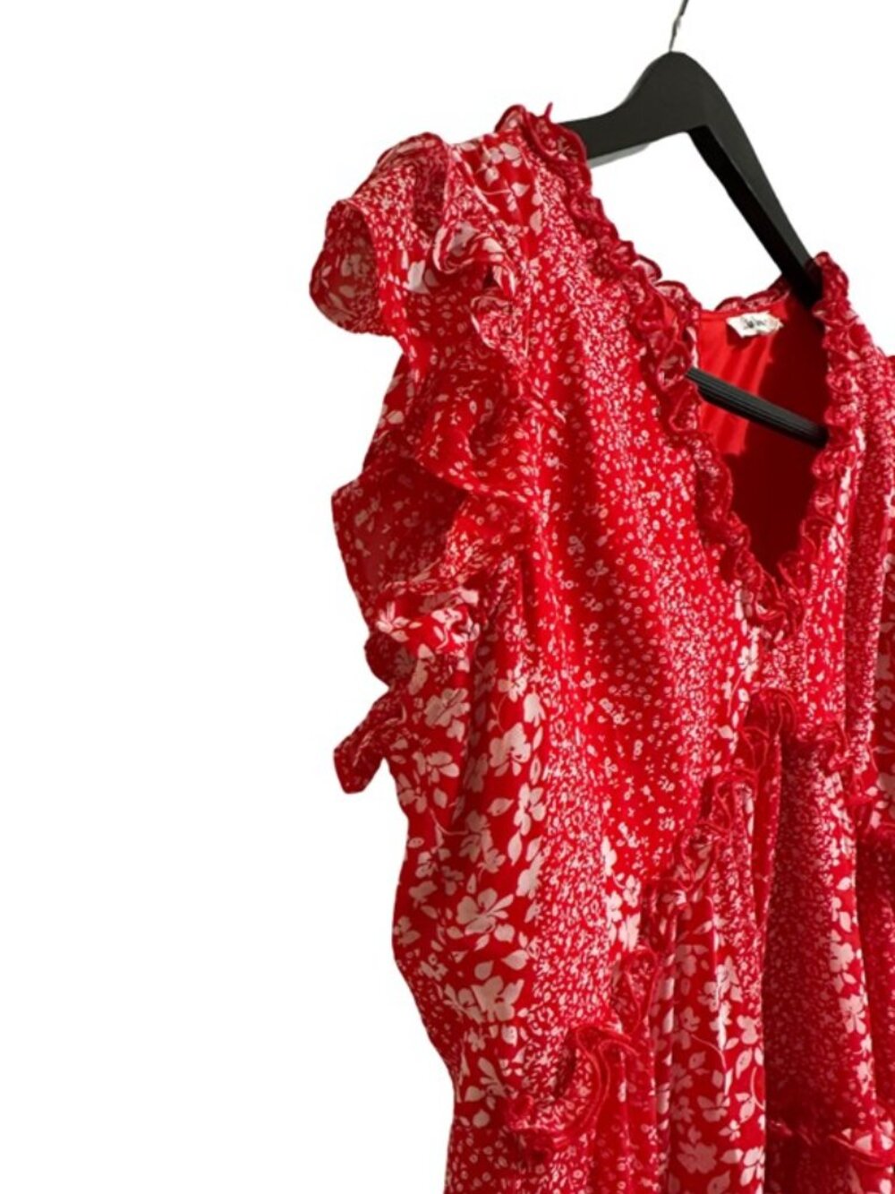 In Loom Red Floral V-Neck Tiered Ruffle Cap Sleeve Mini Dress - Size Large - Picture 5 of 12